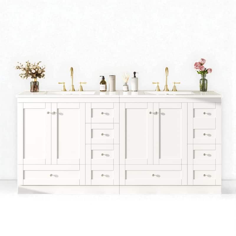 72" Shaker Style Double Sink Bathroom Vanity with Ceramic Top, Soft-Close Doors and Drawers, Freestanding Cabinet - White