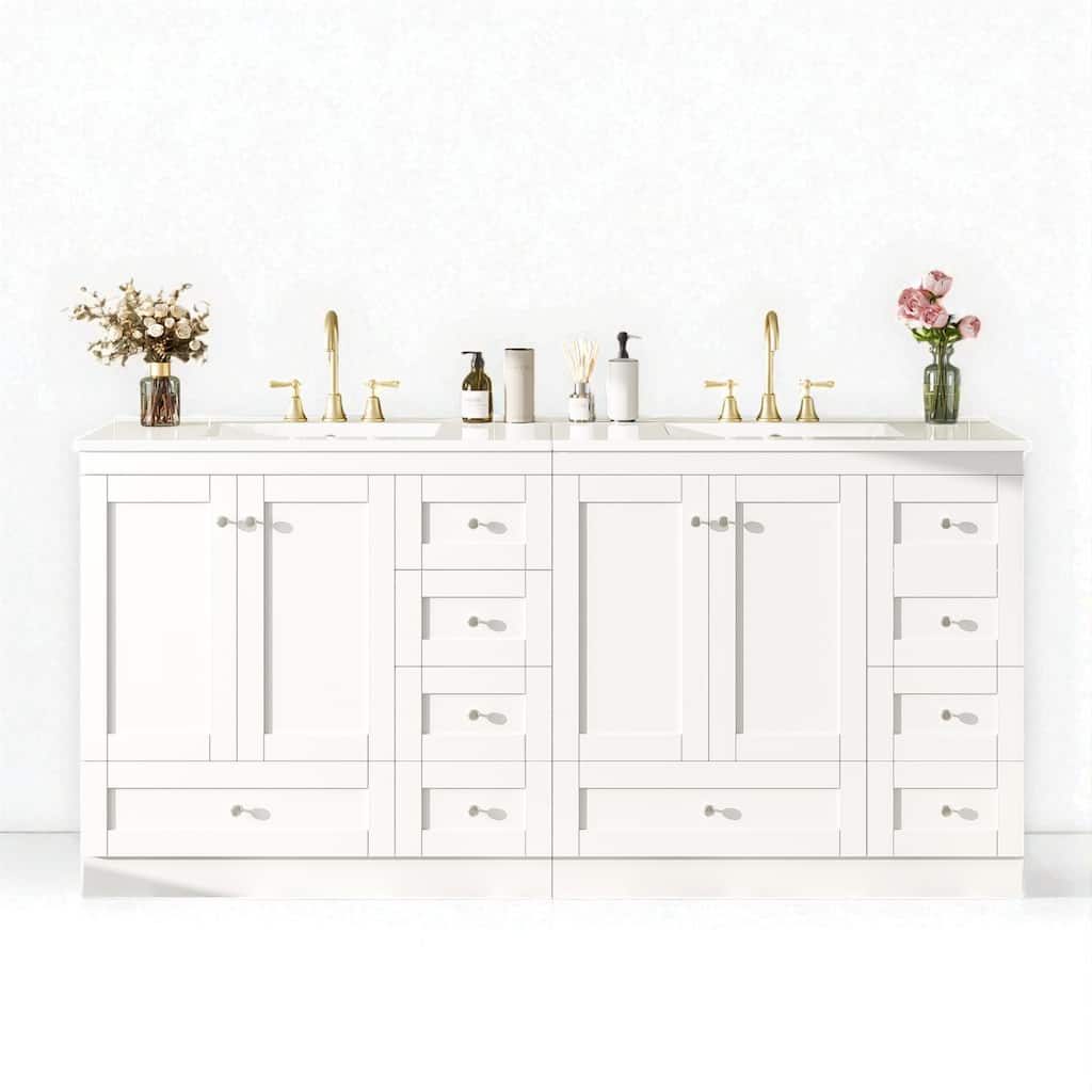 72" Shaker Style Double Sink Bathroom Vanity with Ceramic Top, Soft-Close Doors and Drawers, Freestanding Cabinet