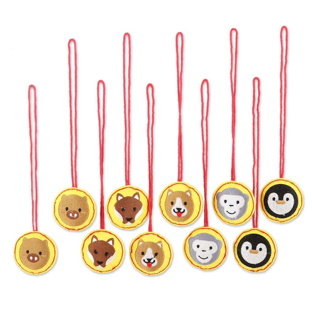 Novica Handmade Party Animals In Yellow Embroidered Wool Holiday Ornaments (Set Of 10)