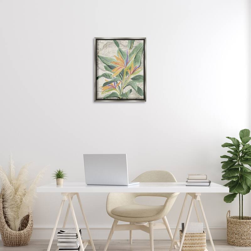 Stupell Tropical Flower over Map Framed Floater Canvas Wall Art Design By June Erica Vess