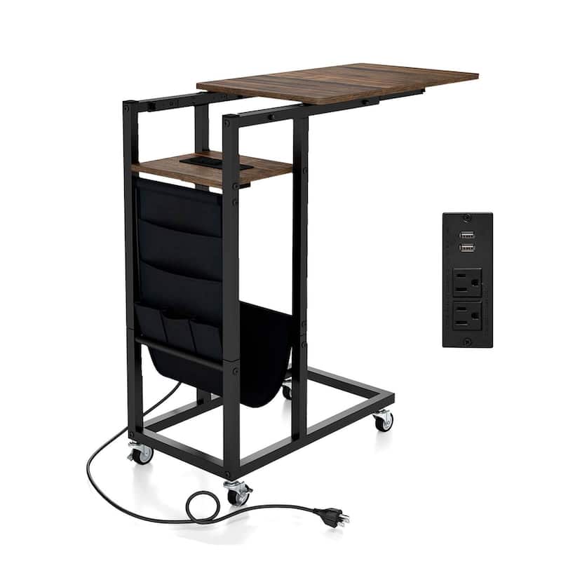 1/2 PCS Rolling C-Shaped End Table Sofa Side Table w/ Charging Station - 1 PCS