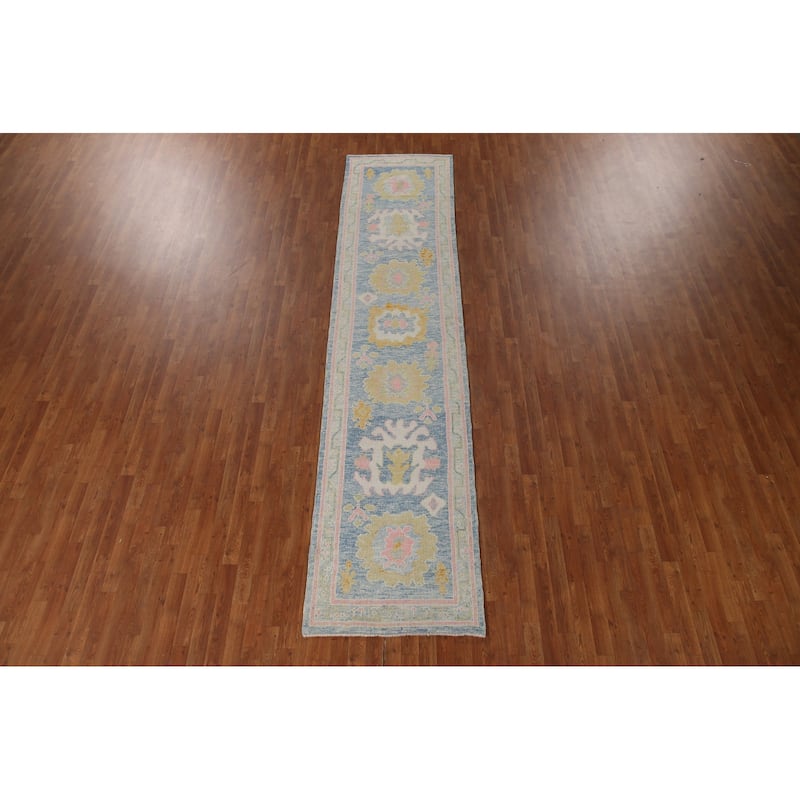 Vegetable Dye Blue Oushak Turkish Runner Rug Handmade Wool Carpet - 2'10"x 12'11"