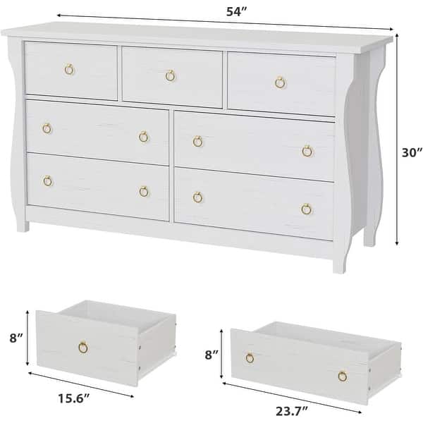 dimension image slide 3 of 5, Modern Wood Dresser with Golden Ring Handles, Antique White Storage Organizer for Living Room Entryway