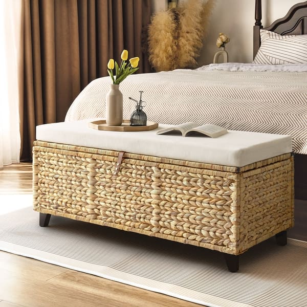 Wicker Storage Bench with Cushion, 43.3" Water Hyacinth Bench for Bedroom, Living Room, Entryway, Mudroom