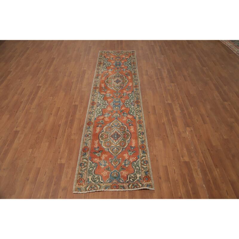 Hand Knotted Oriental 100% Wool Carpet Traditional Floral Oranges & Rust Tabriz Runner Rug - 9' 11'' X 2' 6''