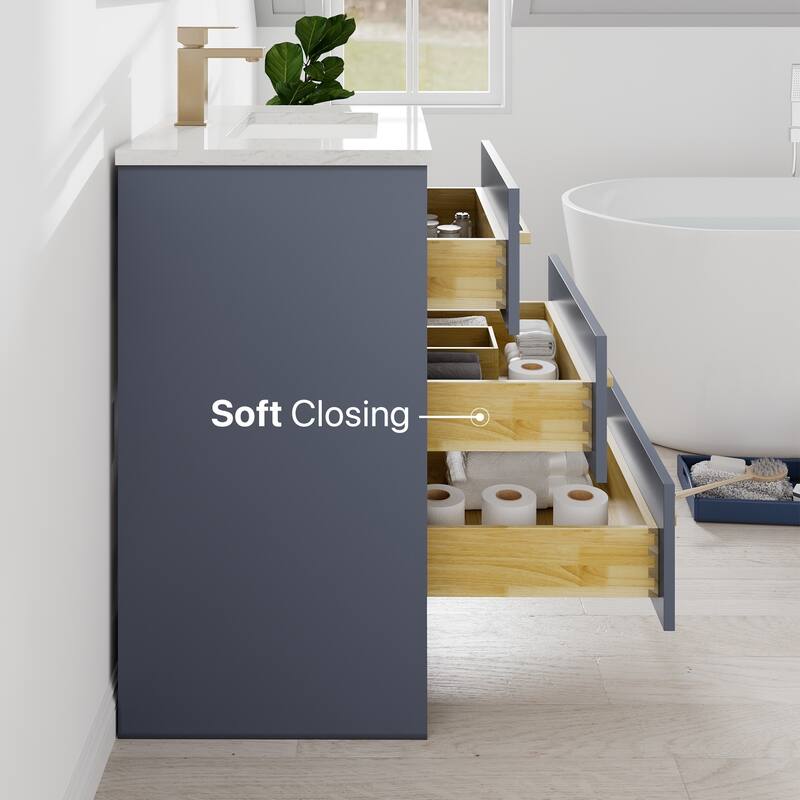 Eviva Curio Bath Vanity with WH Carrara Quartz Top and Undermount Sink