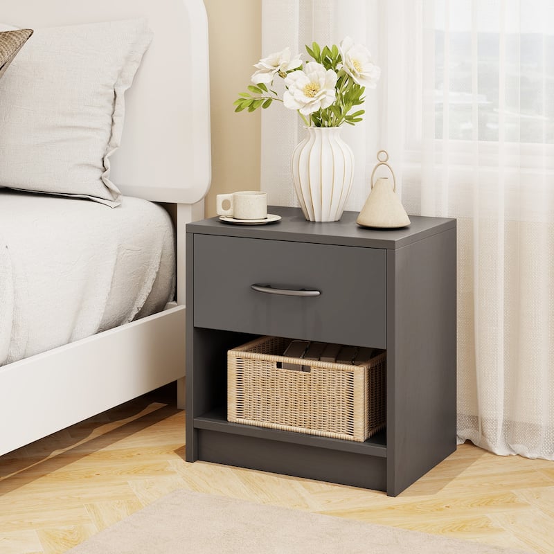 Gymax 2 PCS Nightstand w/ Drawer Side Table w/ Slide-out Drawer Open