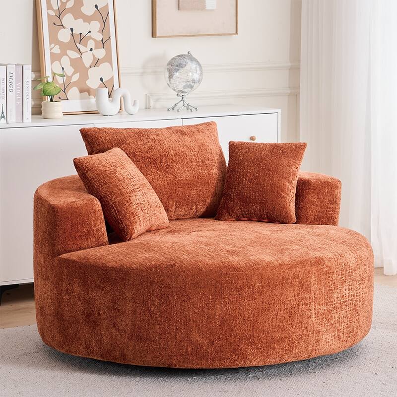 Round Accent Chair with High-Resilience Cushions, Swivel Chenille Barrel Chair, Fluffy Sleeper Lounge Chair