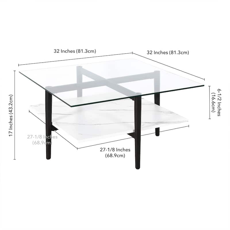 32" Square Modern Coffee Table with Glass Top and Metal Legs Lower Shelf Storage for Living Room - 32"L x 32"W x 17"H
