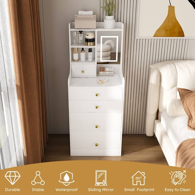 3-in-1 Dressing Table with LED Mirror & Storage Stool - Compact Makeup Vanity with 4 Drawers, Storage Cabinet & Hidden Stool