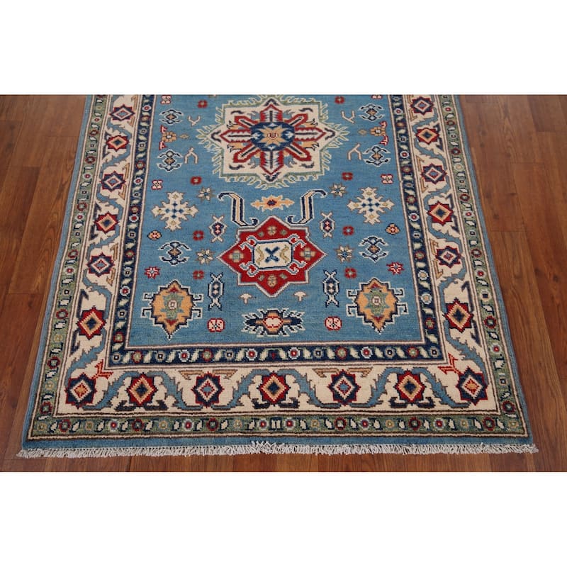 Blue Geometric Kazak Accent Rug Hand-Knotted Wool Carpet - 3'4" x 5'0"