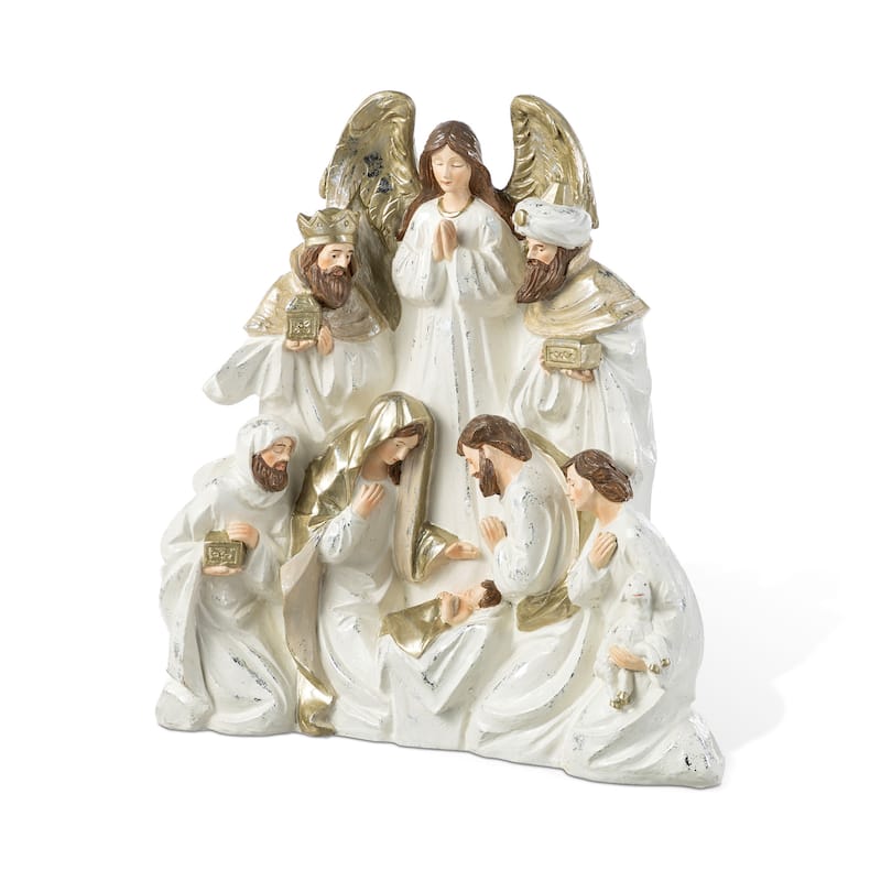 Glitzhome 13"H Ivory/Gold Resin Nativity Figurine