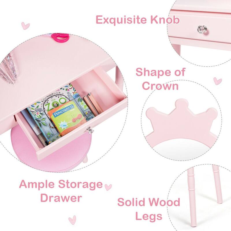 Gymax Kids Vanity Makeup Table & Chair Set Make Up Stool Play Set for