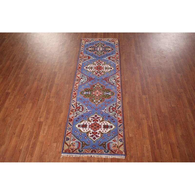 Geometric Blue Kazak Oriental Runner Rug Hand-Knotted Wool Carpet - 2'7"x 8'0"