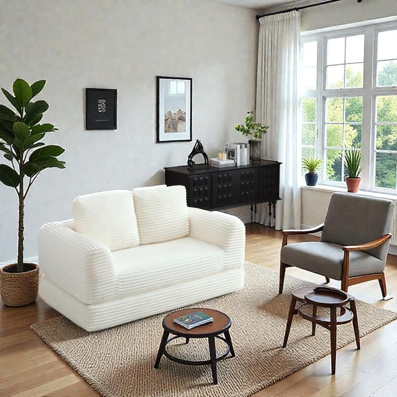 2 in 1 Folding Sofa Bed Loveseat, Corduroy Convertible Sleeper Couch with Pillows, Boneless Floor Futon