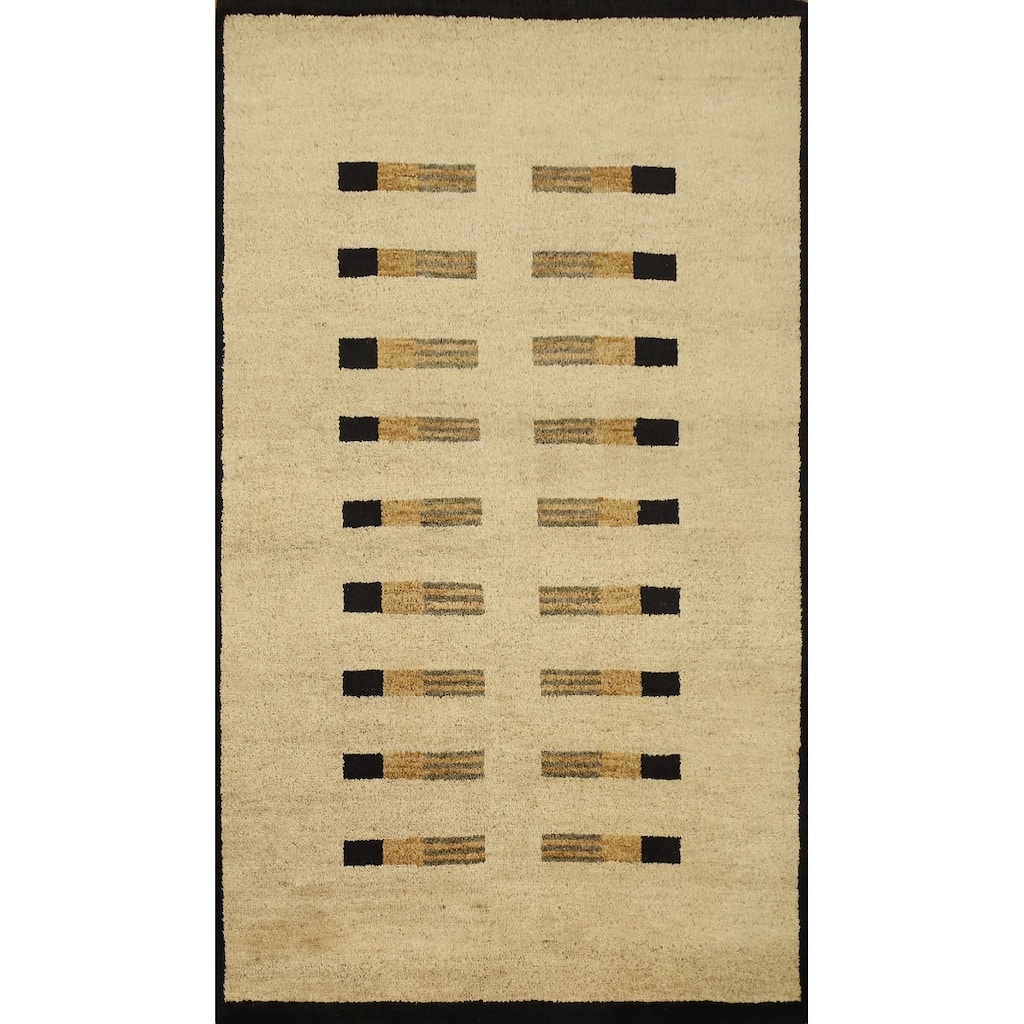 Hand Knotted Oriental 100% Wool Carpet Modern Geometric Beige & Ivories Gabbeh Area Rug - 5' 11'' X 4' 0''