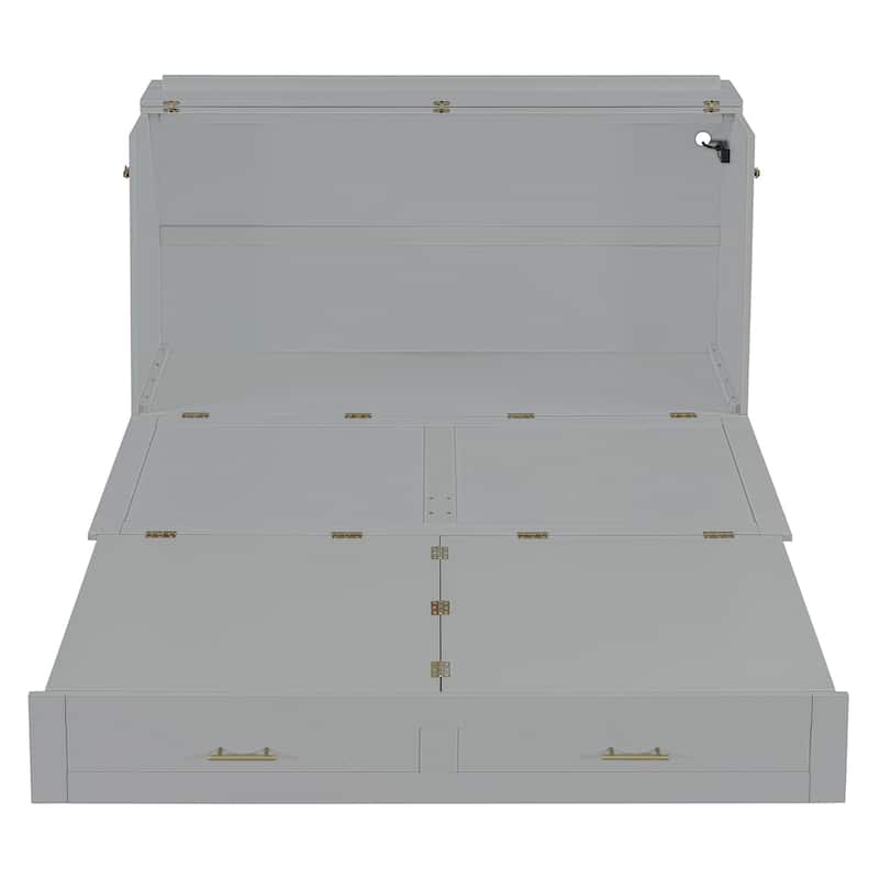 Queen Size Murphy Bed with Pulley System, Storage Drawer, USB Ports, and Sockets, Space-Saving
