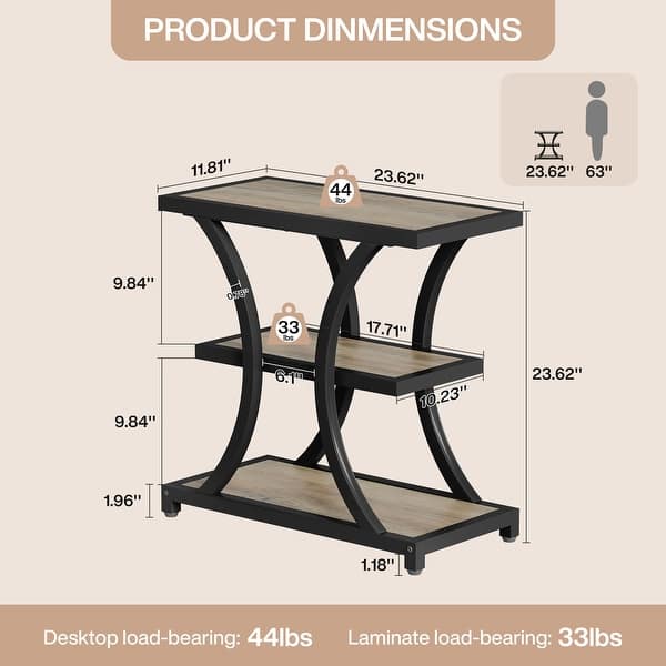 dimension image slide 1 of 2, 3-Tier Industrial Side Table with Geometric Metal Design