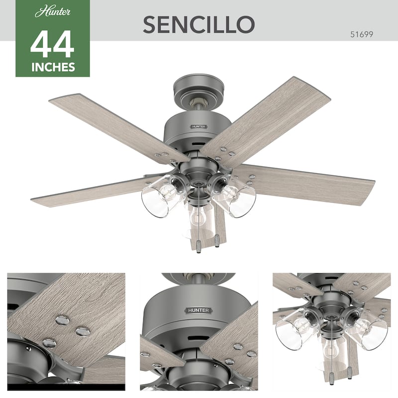 Hunter 44" Sencillo Ceiling Fan with LED Light Kit and Pull Chain