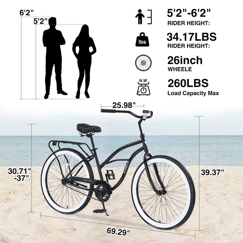 Men's Beach Cruiser - Steel Frame, Single Speed, Wide Wheels, Rear Coaster Brakes, Multiple Colors - 26