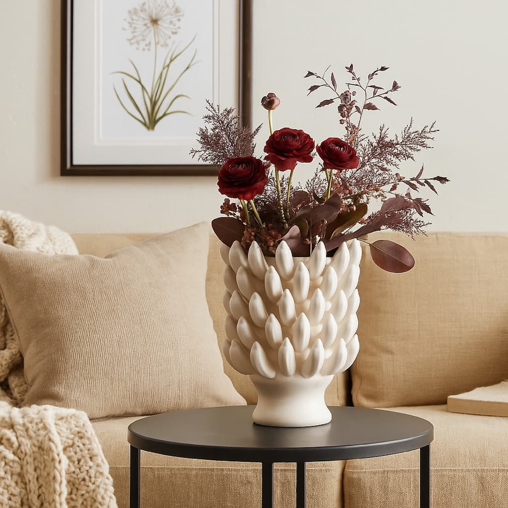 Joseph Accent Vase with Tiered Flame Accents, Ivory Ceramic 17 Inch