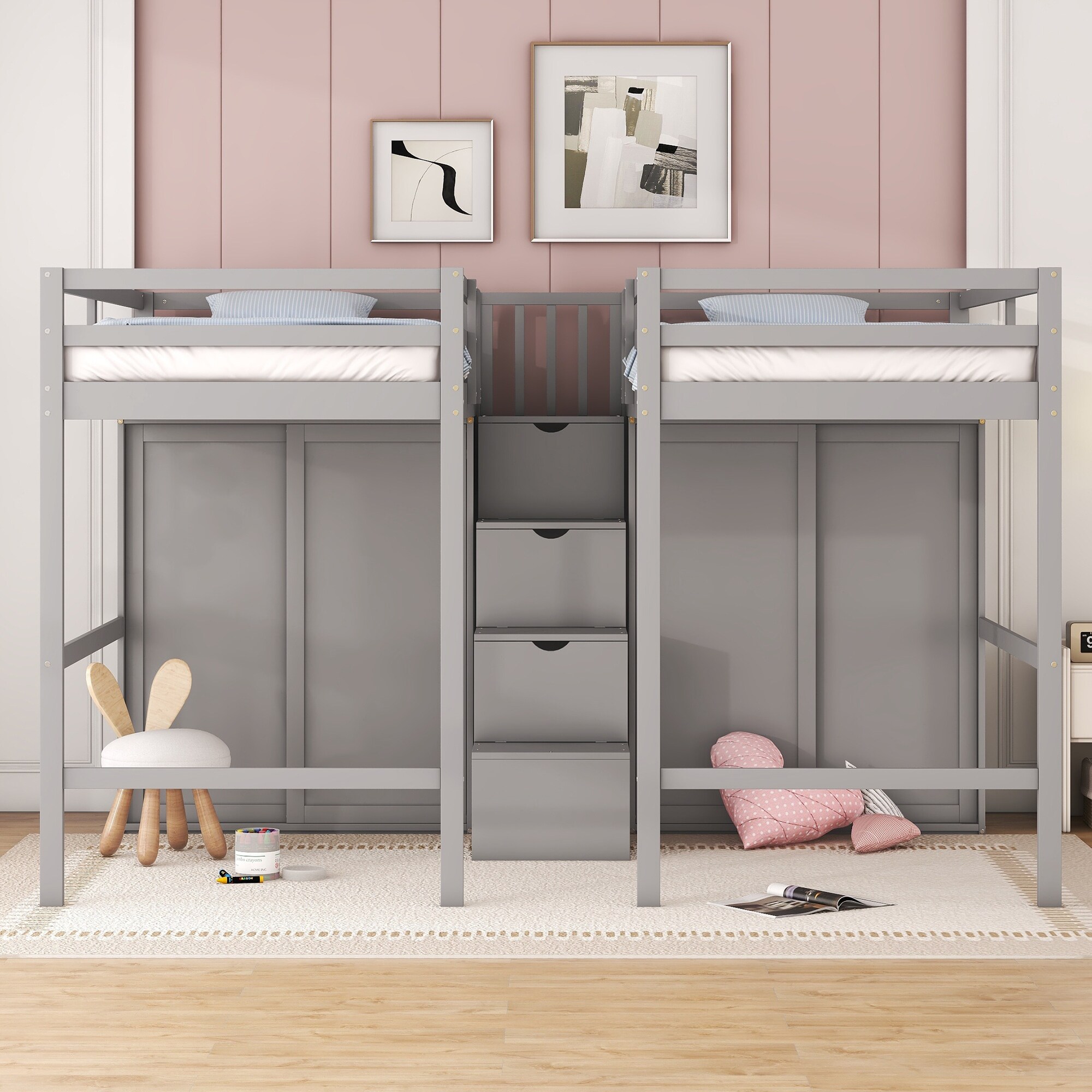 Double Twin Size Loft Bed with Staircase Wardrobes Solid Wood High Loft Bed Frame w Storage Stairs for Kids Teens Adults Grey Bed Bath Beyond 39475015