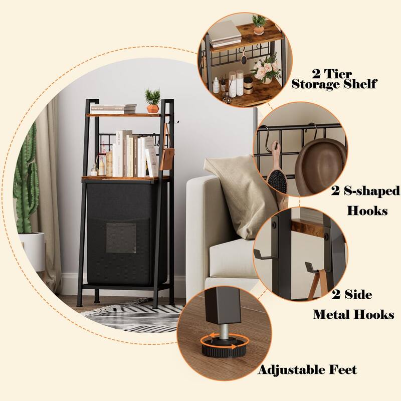 2 Tiers Laundry Hamper with Wooden Shelf and Hooks, ertical Laundry Basket with Pull-Out and Removable Bag