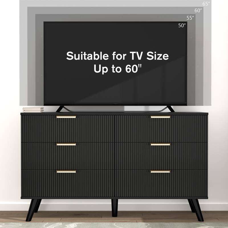 Gymojoy Fluted 6 Drawer Dresser with Gold Metal Handles, Modern Chest of Drawers for Living Room, Bedroom, Apartment