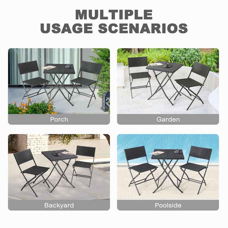 Outdoor 3 Pieces Folding Bistro Set, Waterproof PP Rattan Table and Chairs