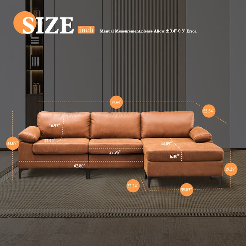 OVIOS Mid-Century Suede Reversible Chaise Sofa With Metal Legs