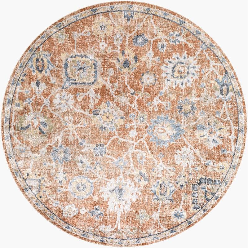 Livabliss Lillian Machine Washable Transitional Floral Area Rug - Rust - 6'7" Round