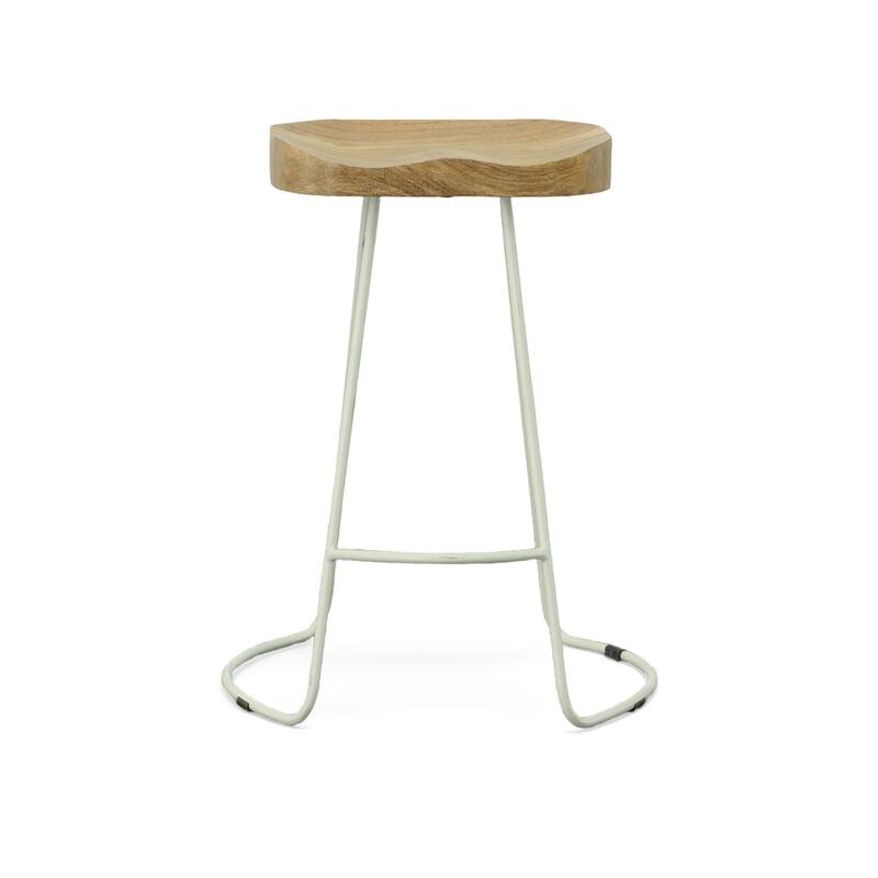 25” Set of 2 Backless Mango Wood Seat Bar Stool with Steel Frame and Footrest for Kitchen Island - 25.25”H x 18.5”W x 17”D