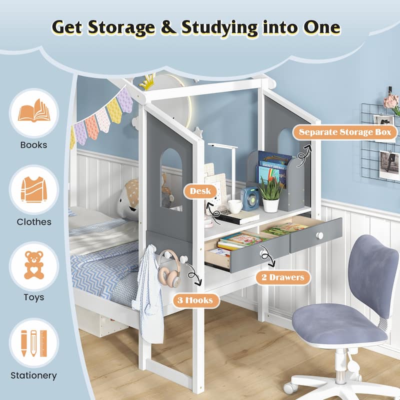 Gymax Twin Size Kids House Bed w/ Study Desk & Removable Box Drawers