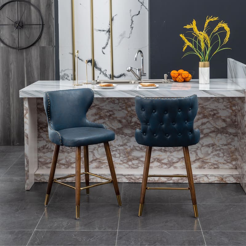 Modern Faux Leather Bar Stool Set of 2, Tufted Nailhead Trim Counter Stool with Footrest for Kitchen Island, Dining Room