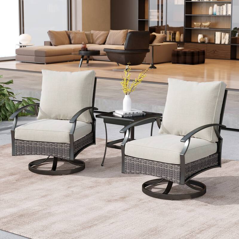 Uixe 3-Piece Outdoor Swivel Rocking Chair Table Set Wicker Rocker