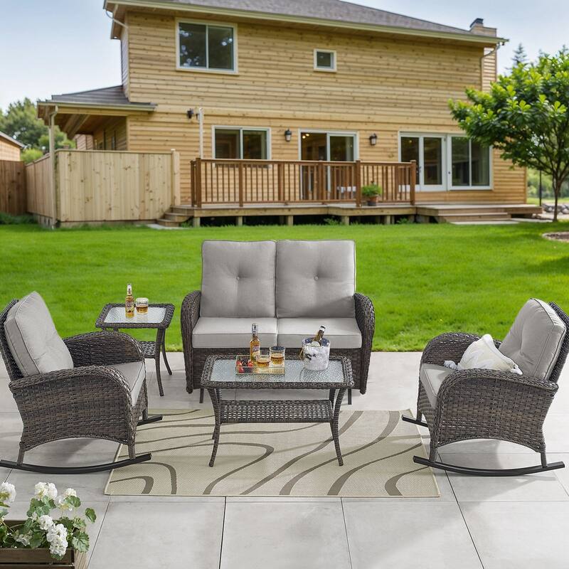 Outdoor Glider Sofa Rocker Chairs Coffee Table - Brown - Beige