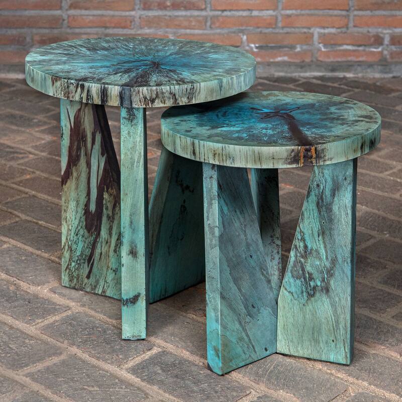 Set of 2 Blue and Green Distressed Round Nesting Tables 22"