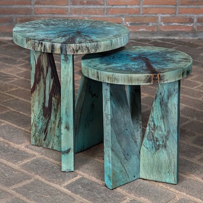 Set of 2 Blue and Green Distressed Round Nesting Tables 22"