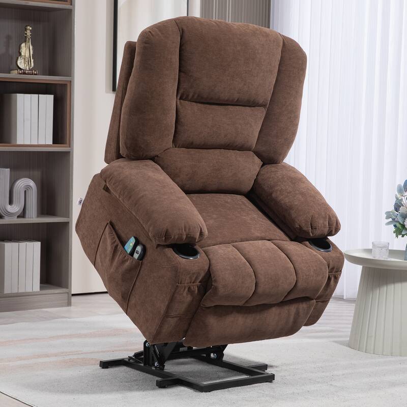 Brown Electric Lift Recliner with Vibration Massage, Heating, Adjustable Positions, Remote Control, and Side Pockets