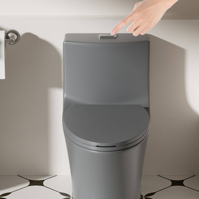 1.1/1.6 GPF Tornado Flush One-Piece Toilet Elongated, Siphonic S-trap 12",Soft Closing Seat, Button on Tank top - LIGHT GREY