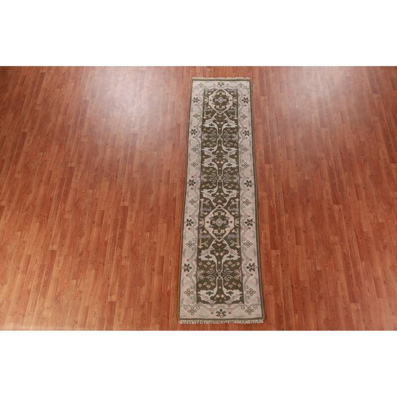 Green Oushak Oriental Runner Rug Handmade Wool Carpet - 2'6"x 9'8"