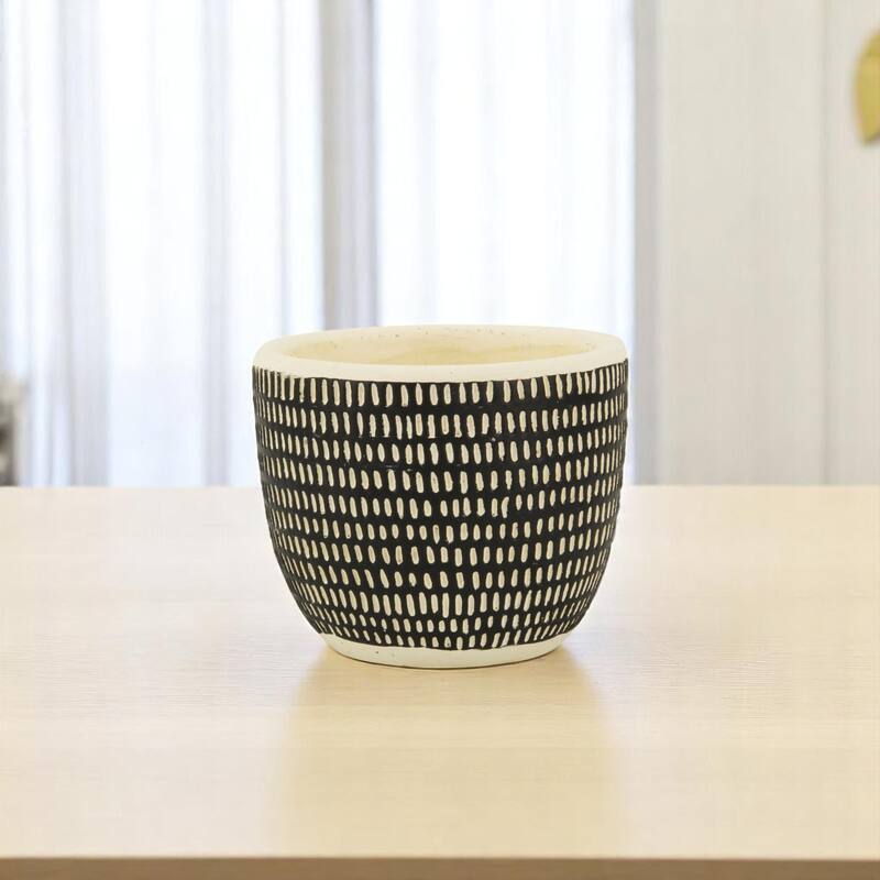 HomeRoots Black And White Ceramic 39 Ounce Dotted Round Distressed Pot Planter - 5.75 in. x 4.75 in. x 5.75 in. - White/Black - 5.75 in. x 4.75 in.  x 5.75 in.