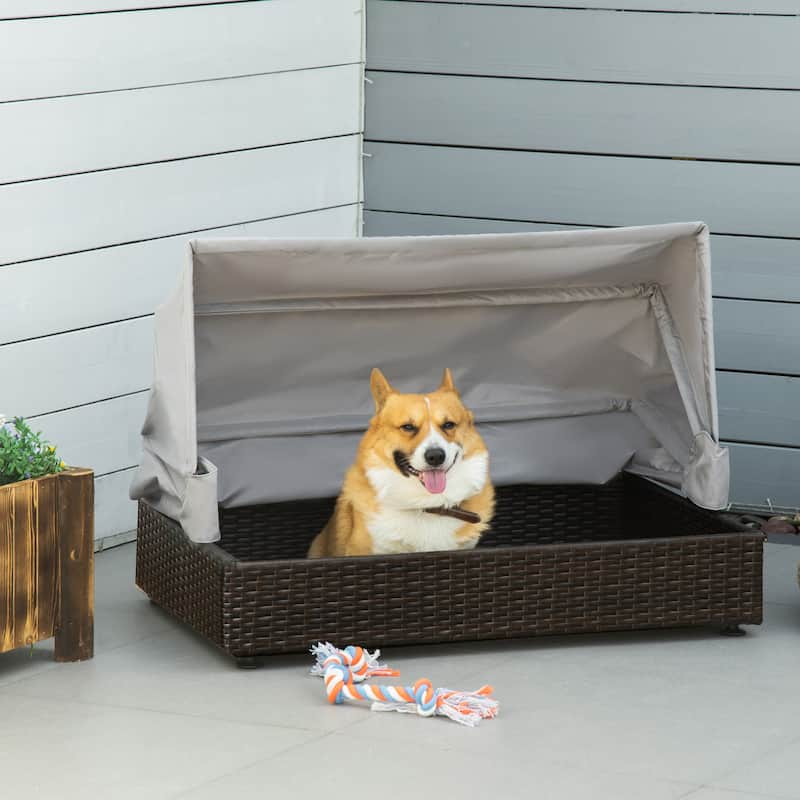 Wicker Dog House Dog Bed with Foldable Canopy and Waterproof Roof Dog Kennel for Indoor or Outdoor - Brown