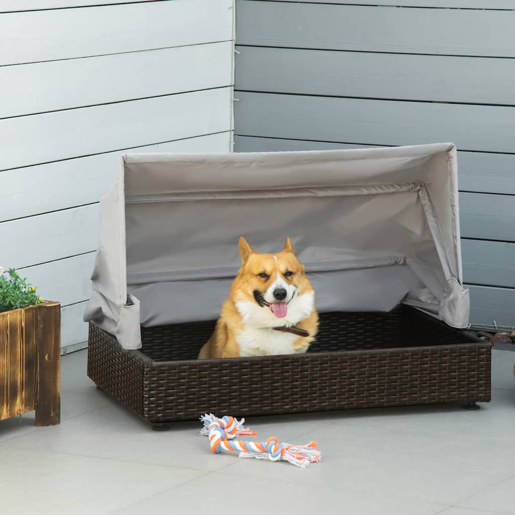 Wicker Dog House Dog Bed with Foldable Canopy and Waterproof Roof Dog Kennel for Indoor or Outdoor