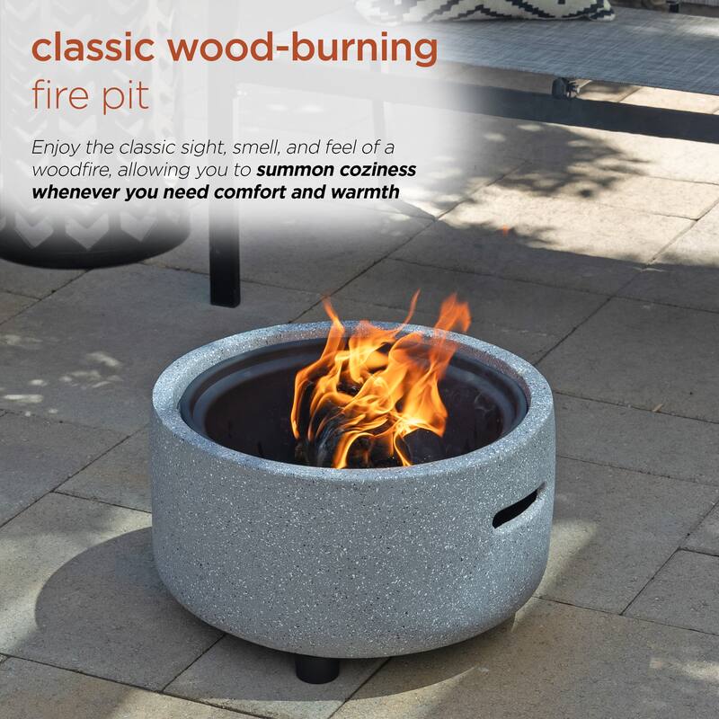 Contemporary Gray Stone Firepit with Lid and Wood Poker