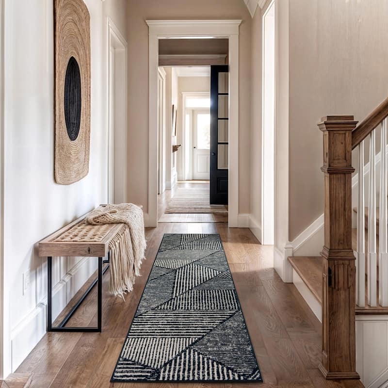 Contemporary Distressed Geometric Stylish Area Rug for Any Room - 2' 3" x 12' - Black