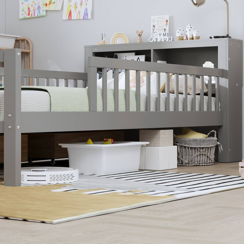 Bed with Headboard Storage Rack, Two Under-Bed Drawers