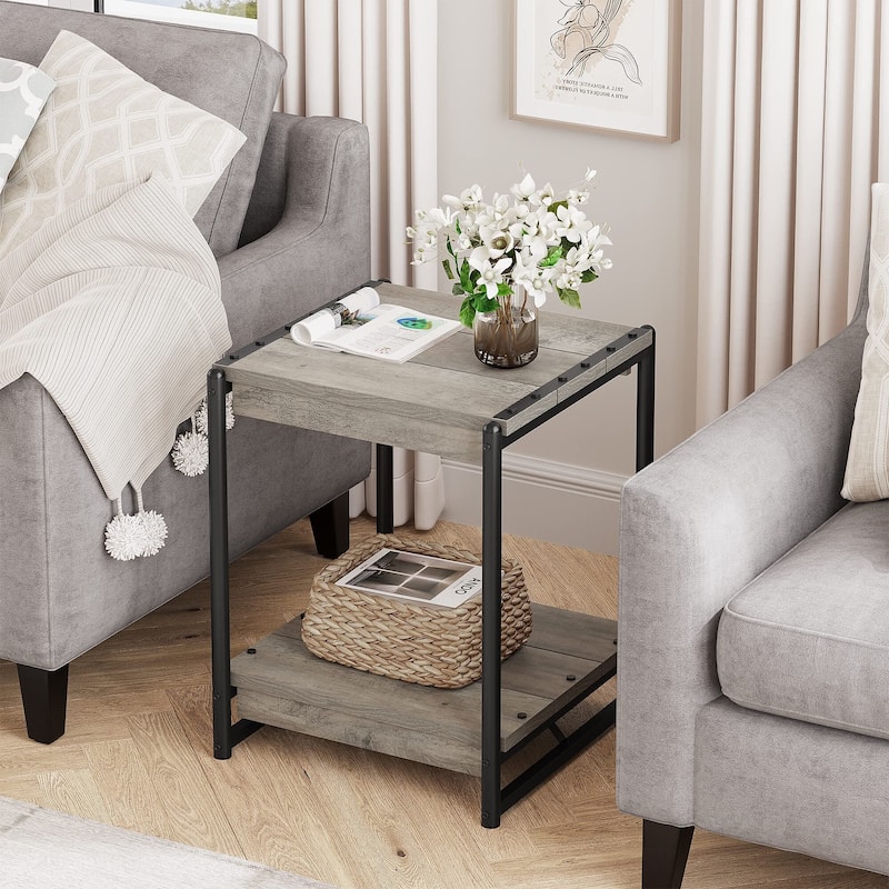 20'' Large Square Farmhouse Grey Wood Storage End Table