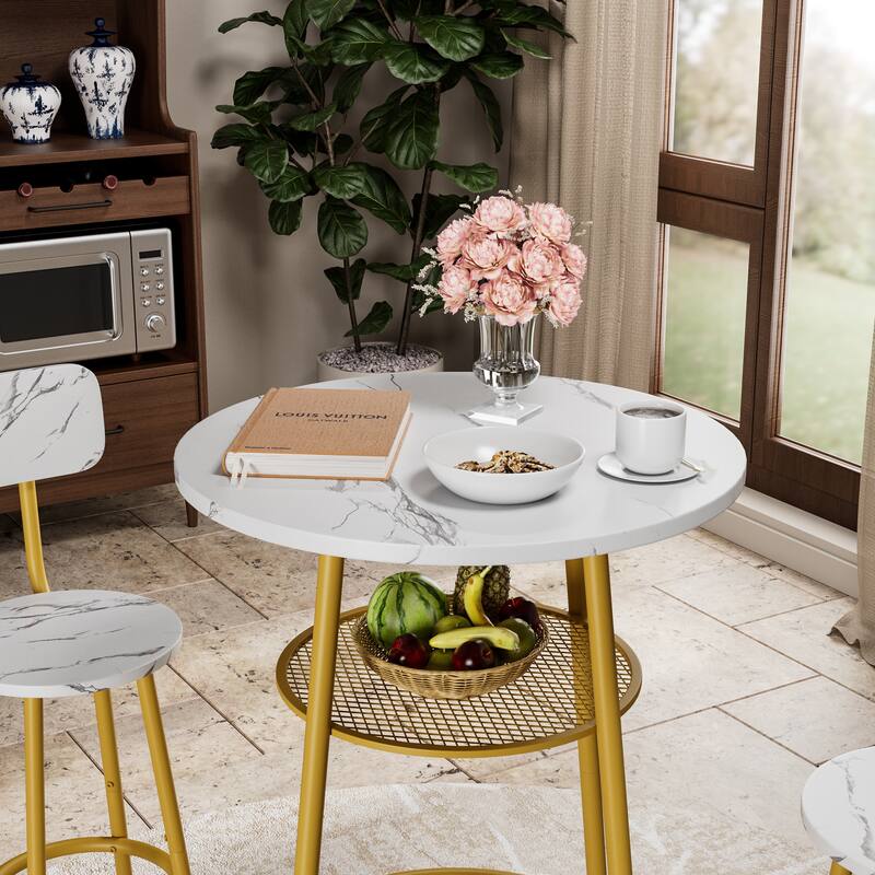 3-Piece Bar Table Set with 2 Bar Stools - Modern Pub Table with Backrests & Storage Shelf