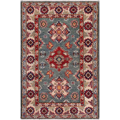 Rustic Kazak Emmy Green/Beige Wool Rug - 2'0'' x 3'0''